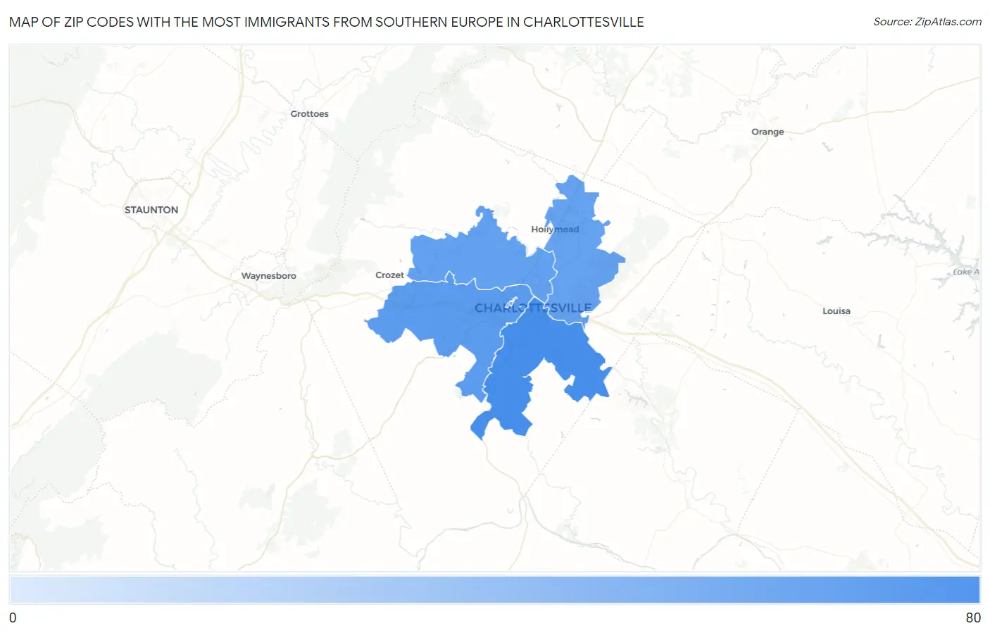 Zip Codes with the Most Immigrants from Southern Europe in Charlottesville Map
