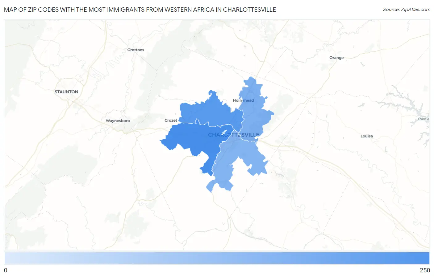 Zip Codes with the Most Immigrants from Western Africa in Charlottesville Map