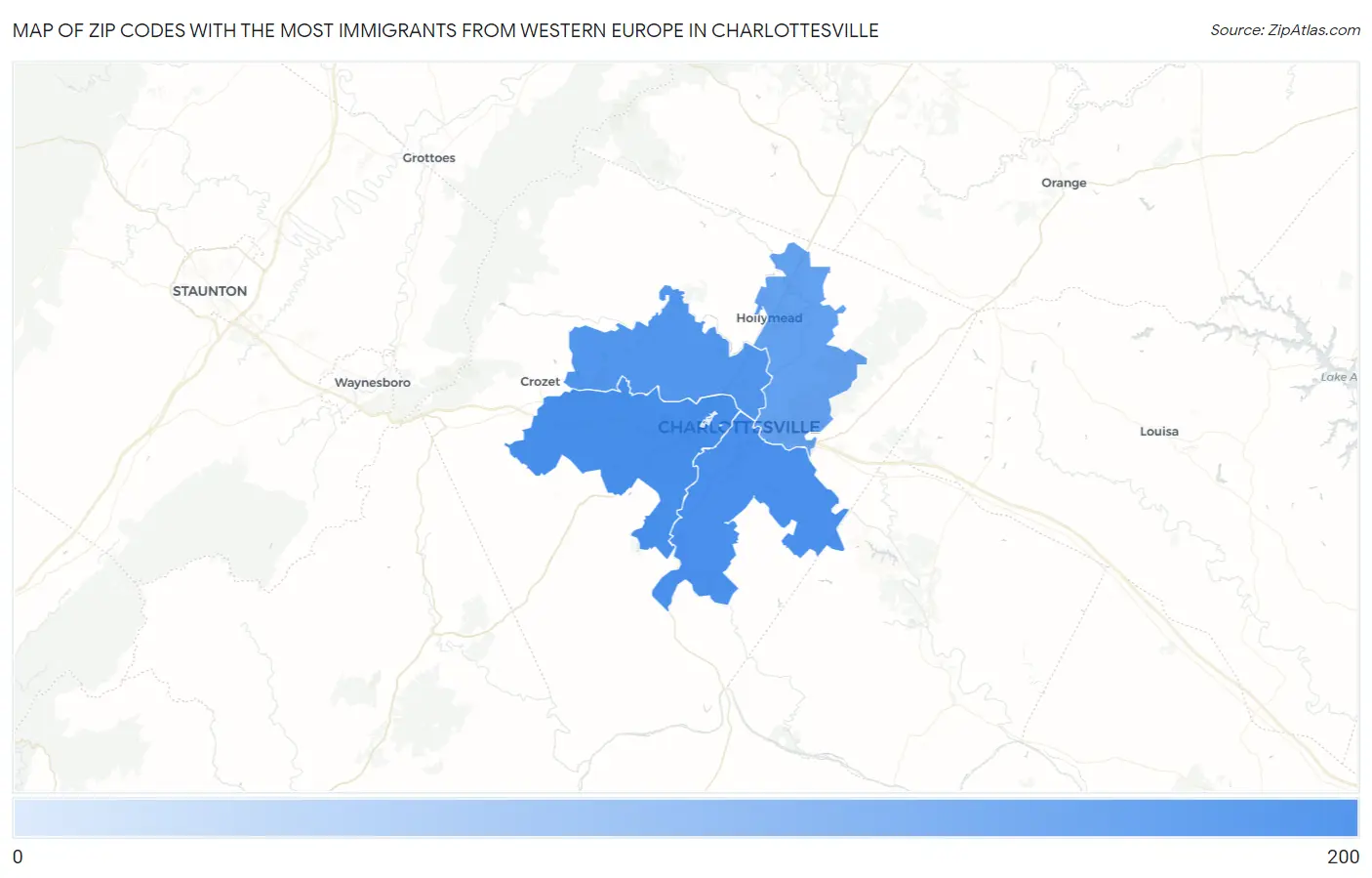 Zip Codes with the Most Immigrants from Western Europe in Charlottesville Map