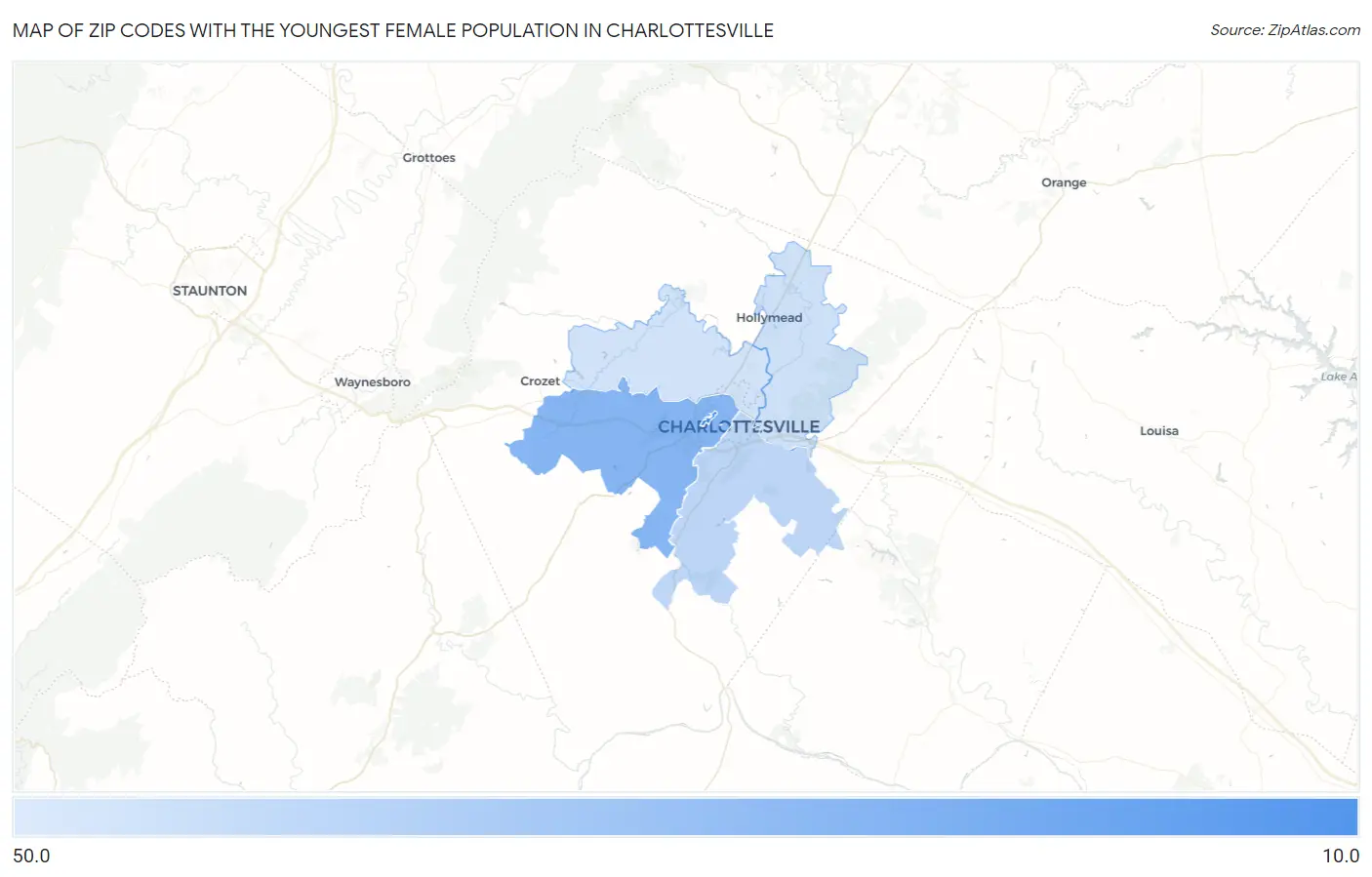 Zip Codes with the Youngest Female Population in Charlottesville Map