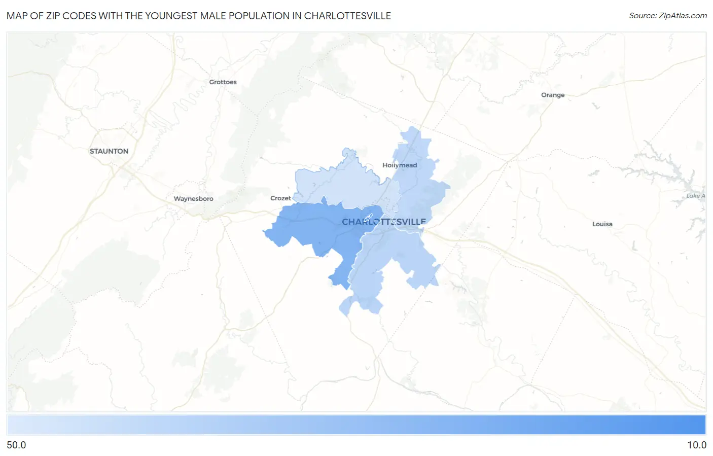 Zip Codes with the Youngest Male Population in Charlottesville Map