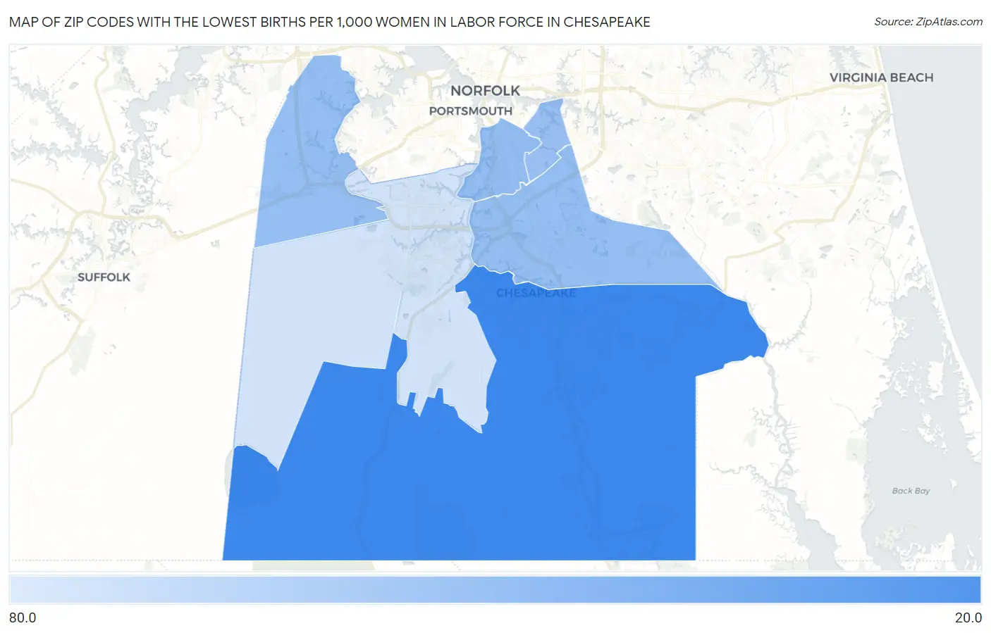Zip Codes with the Lowest Births per 1,000 Women in Labor Force in Chesapeake Map