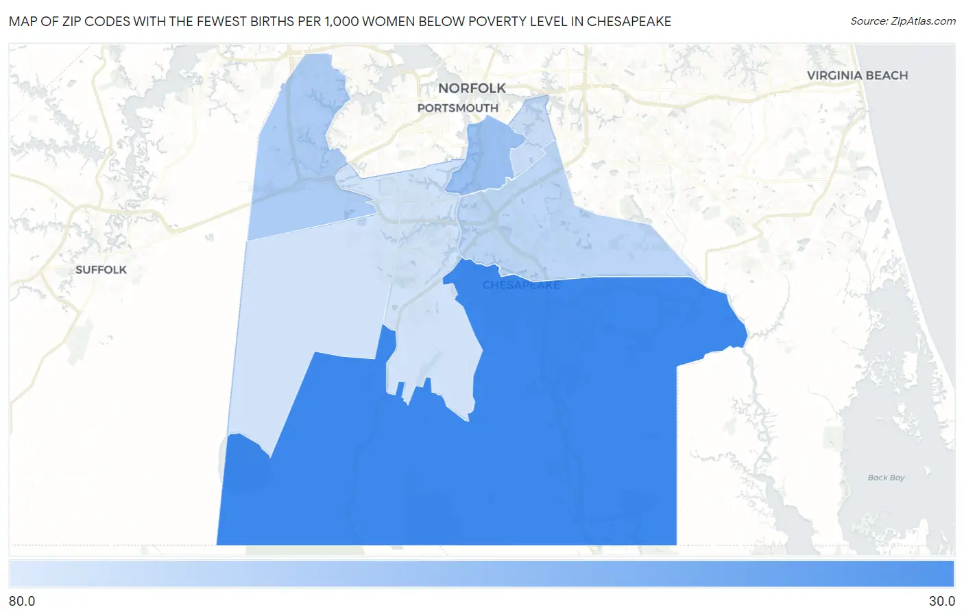 Zip Codes with the Fewest Births per 1,000 Women Below Poverty Level in Chesapeake Map