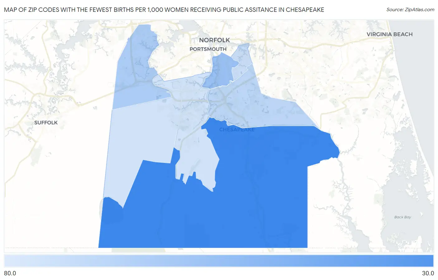 Zip Codes with the Fewest Births per 1,000 Women Receiving Public Assitance in Chesapeake Map