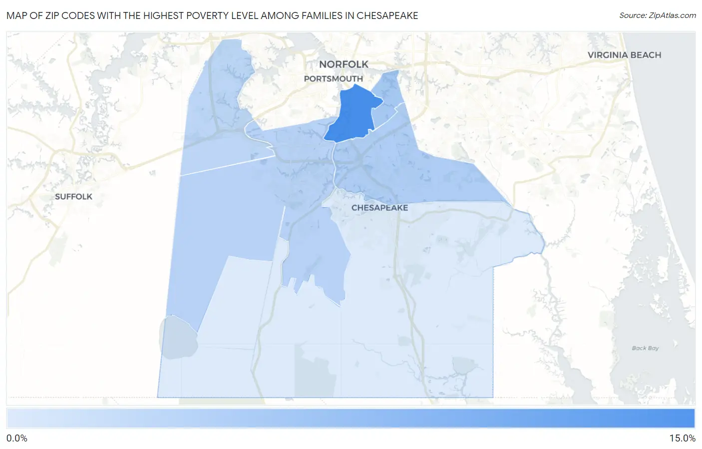 Zip Codes with the Highest Poverty Level Among Families in Chesapeake Map