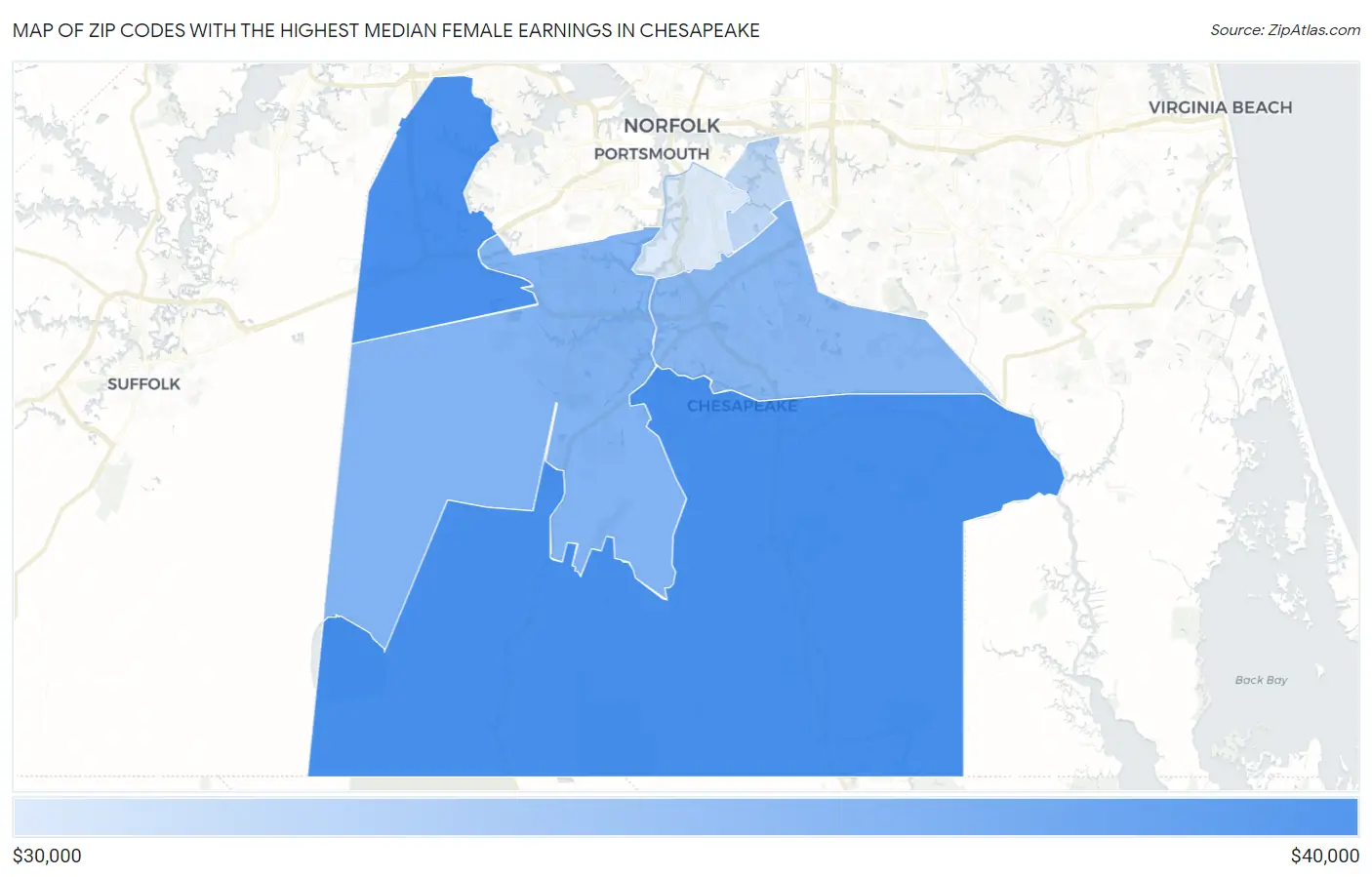 Zip Codes with the Highest Median Female Earnings in Chesapeake Map