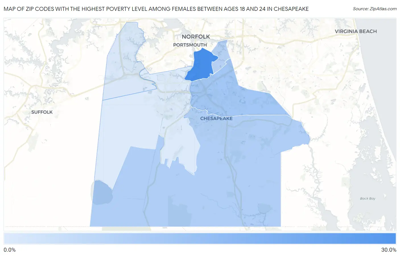 Zip Codes with the Highest Poverty Level Among Females Between Ages 18 and 24 in Chesapeake Map