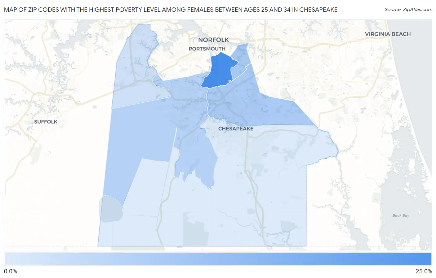 Zip Codes with the Highest Poverty Level Among Females Between Ages 25 and 34 in Chesapeake Map