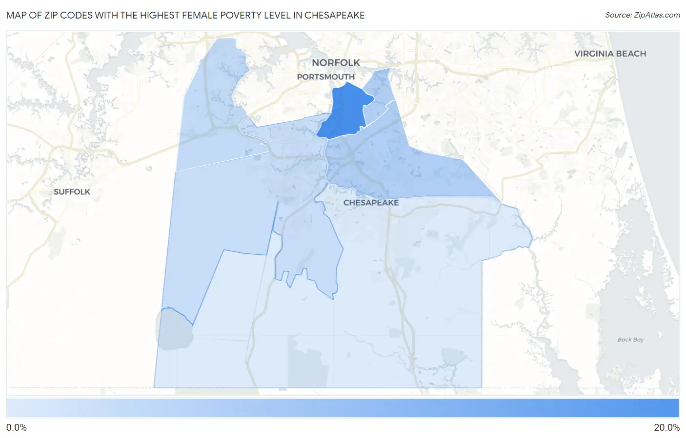 Zip Codes with the Highest Female Poverty Level in Chesapeake Map