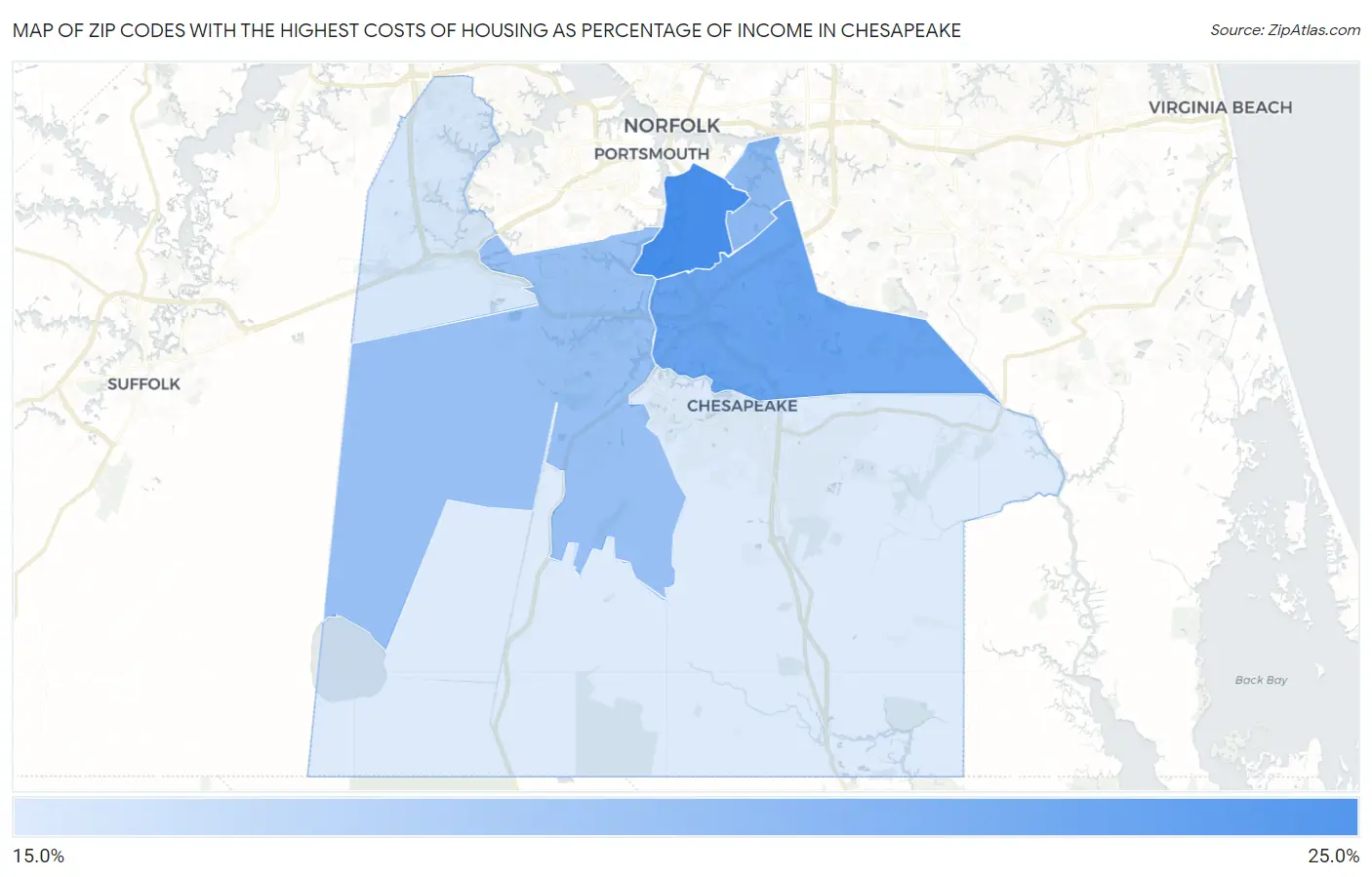 Zip Codes with the Highest Costs of Housing as Percentage of Income in Chesapeake Map