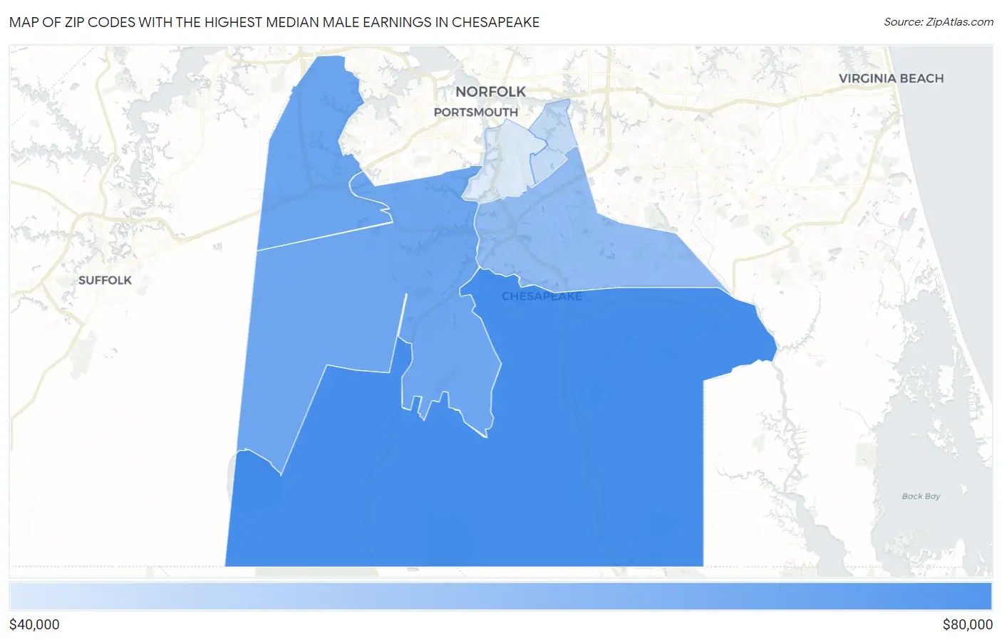 Zip Codes with the Highest Median Male Earnings in Chesapeake Map