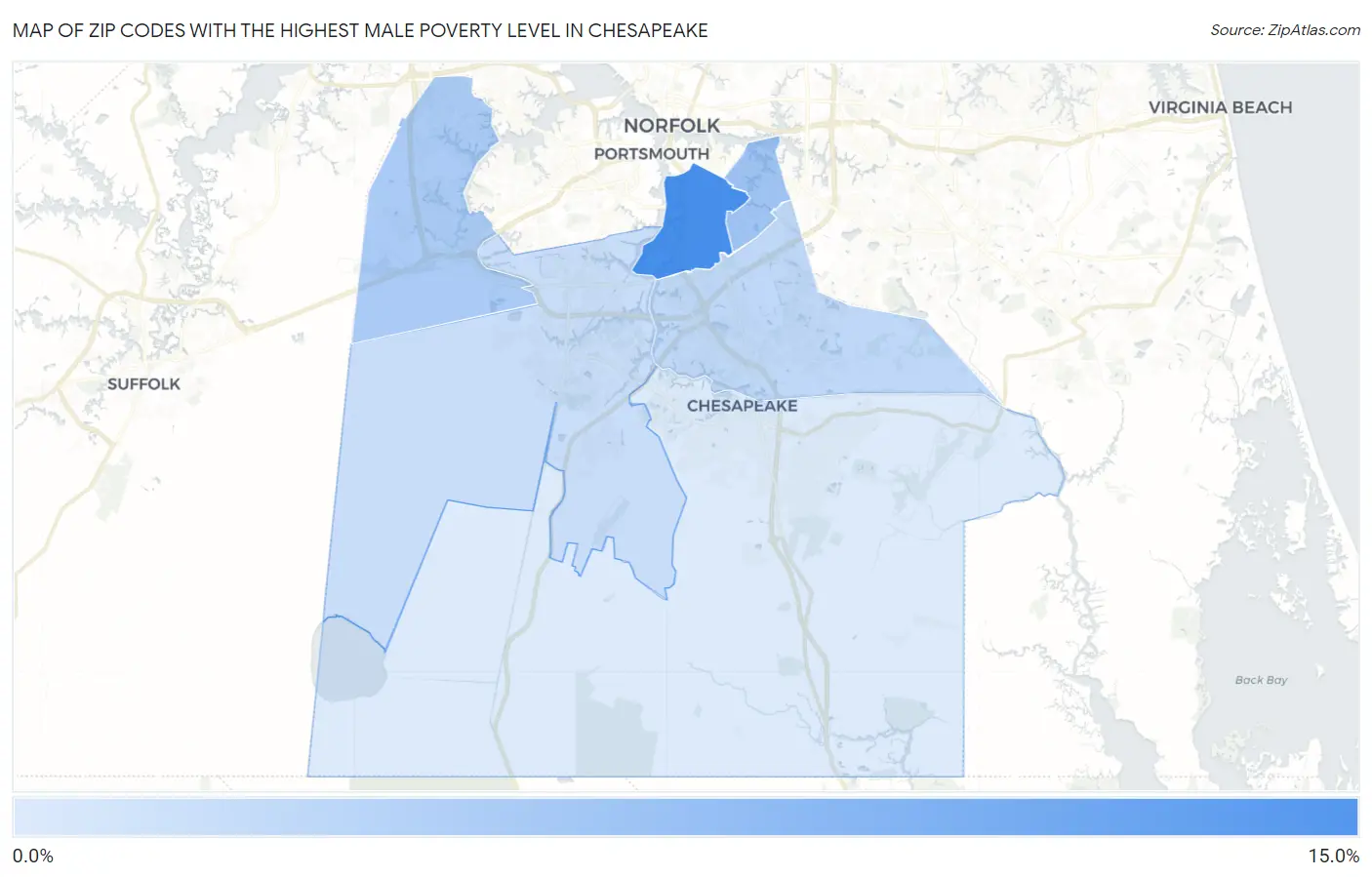 Zip Codes with the Highest Male Poverty Level in Chesapeake Map