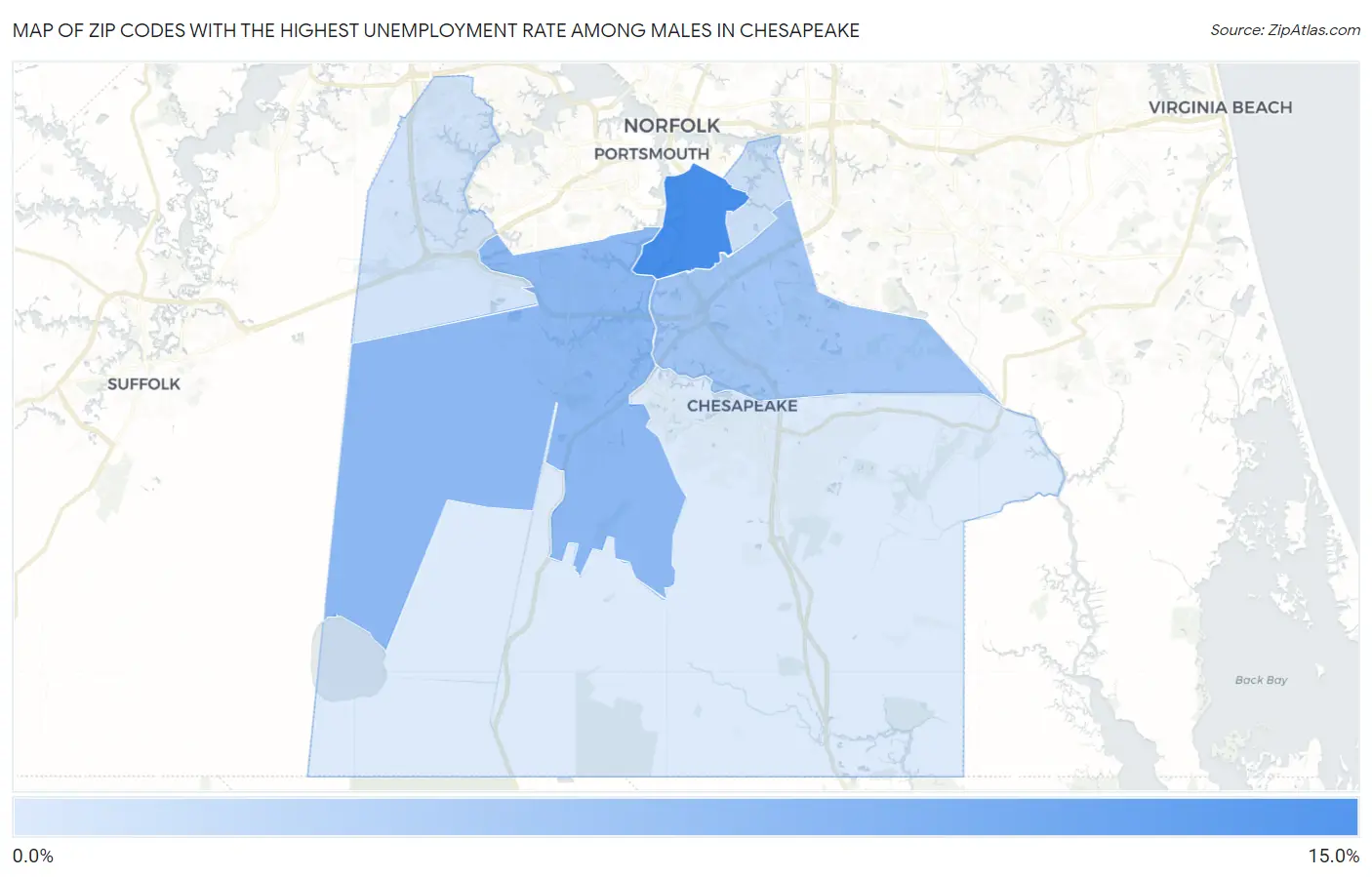 Zip Codes with the Highest Unemployment Rate Among Males in Chesapeake Map