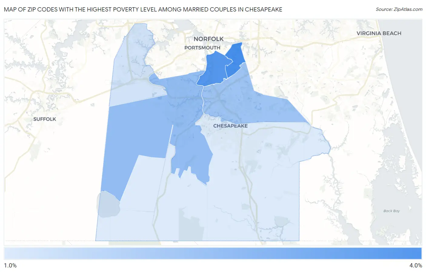 Zip Codes with the Highest Poverty Level Among Married Couples in Chesapeake Map