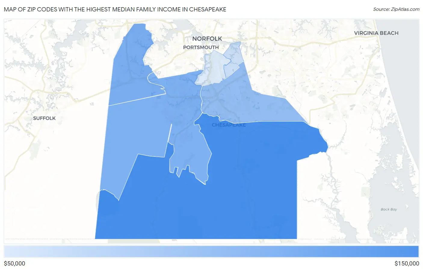 Zip Codes with the Highest Median Family Income in Chesapeake Map