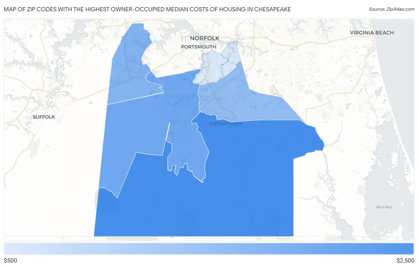 Zip Codes with the Highest Owner-Occupied Median Costs of Housing in Chesapeake Map