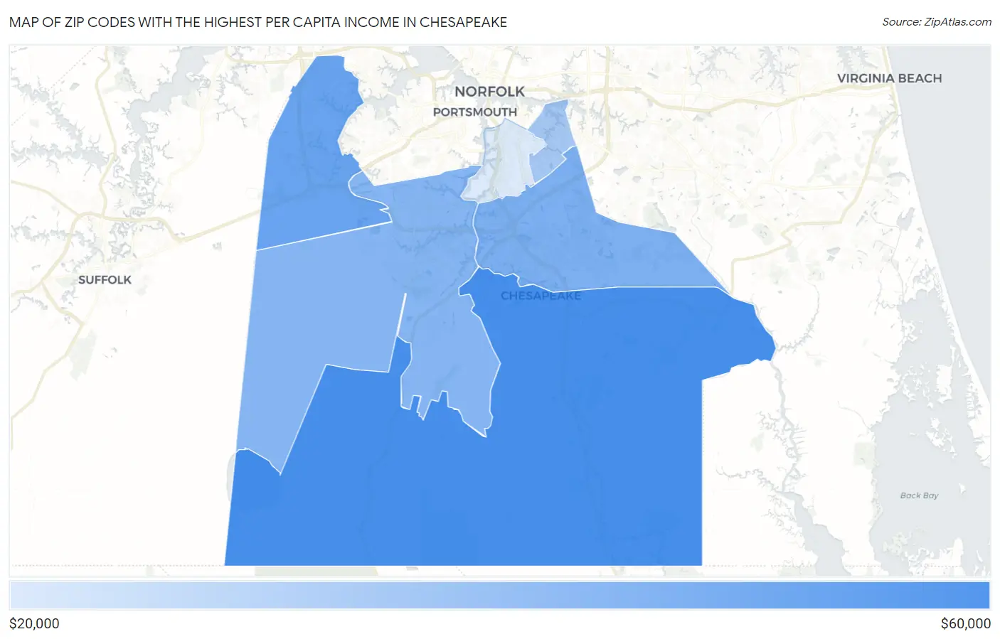 Zip Codes with the Highest Per Capita Income in Chesapeake Map