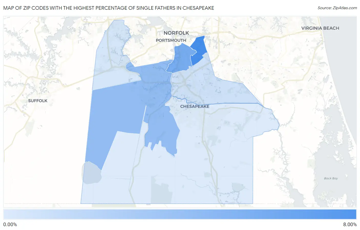 Zip Codes with the Highest Percentage of Single Fathers in Chesapeake Map