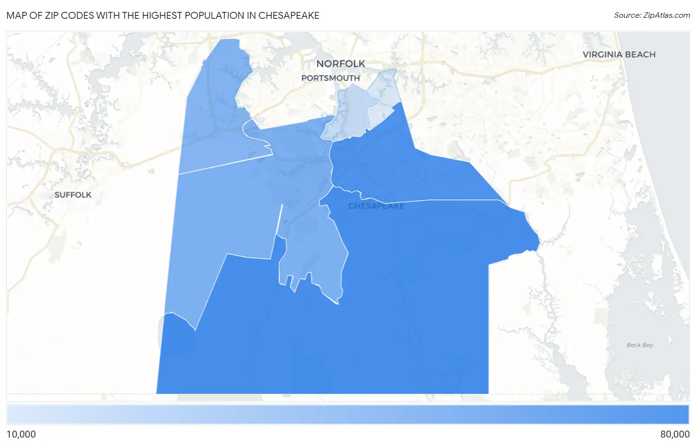 Zip Codes with the Highest Population in Chesapeake Map