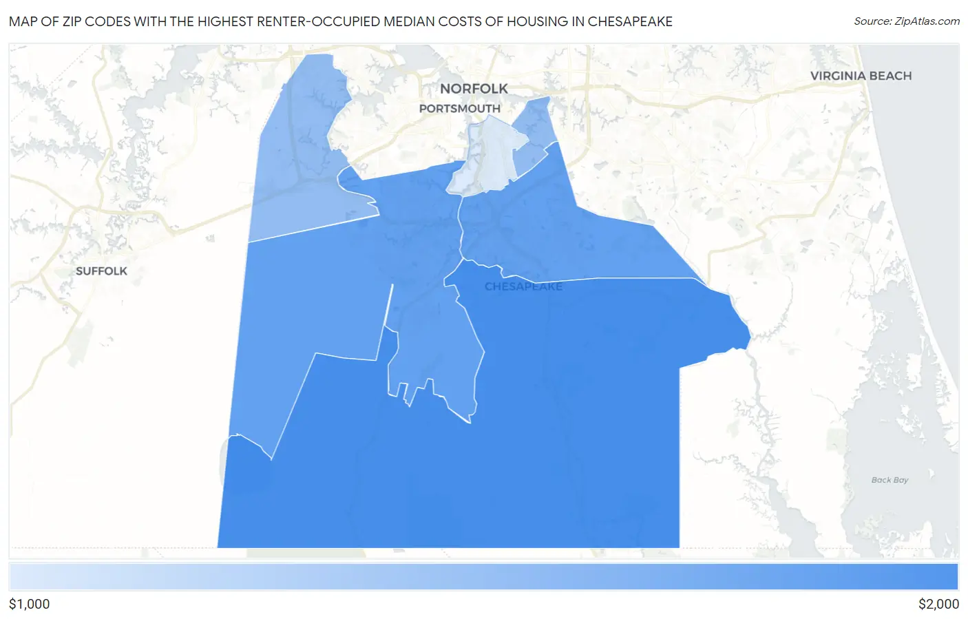 Zip Codes with the Highest Renter-Occupied Median Costs of Housing in Chesapeake Map