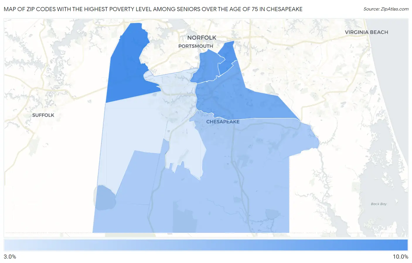 Zip Codes with the Highest Poverty Level Among Seniors Over the Age of 75 in Chesapeake Map