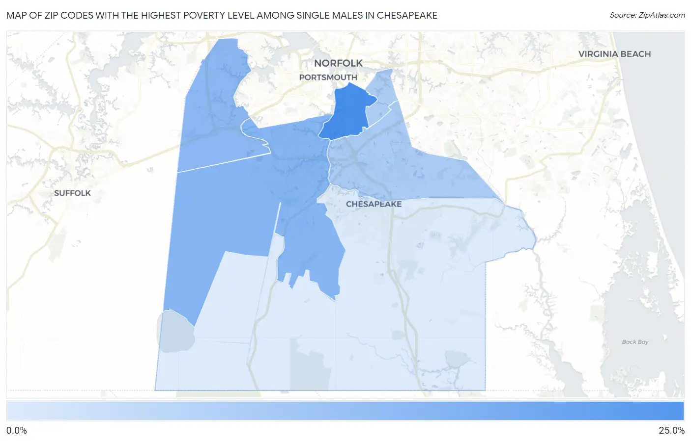 Zip Codes with the Highest Poverty Level Among Single Males in Chesapeake Map