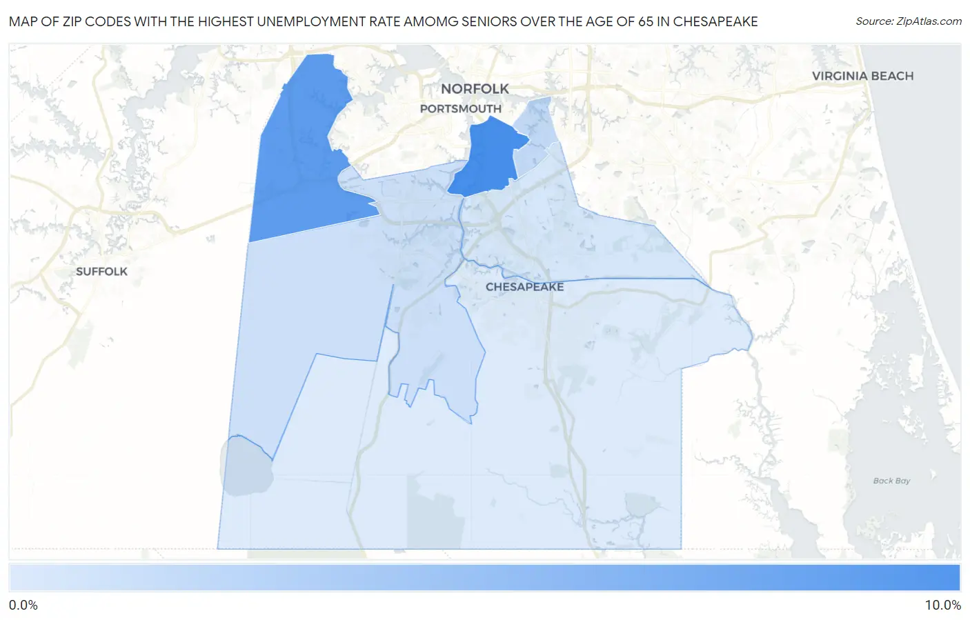 Zip Codes with the Highest Unemployment Rate Amomg Seniors Over the Age of 65 in Chesapeake Map
