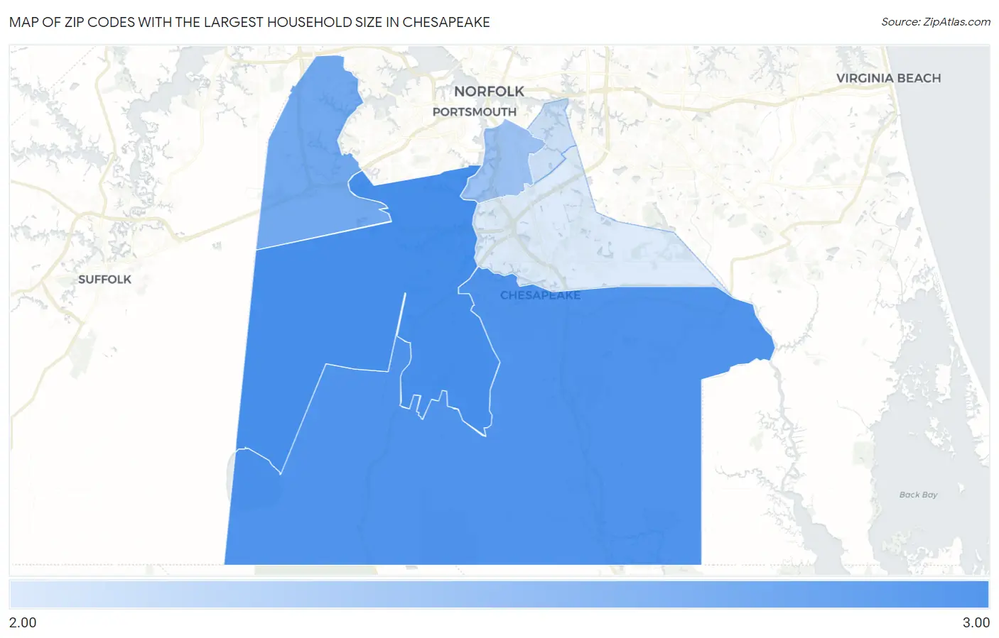 Zip Codes with the Largest Household Size in Chesapeake Map