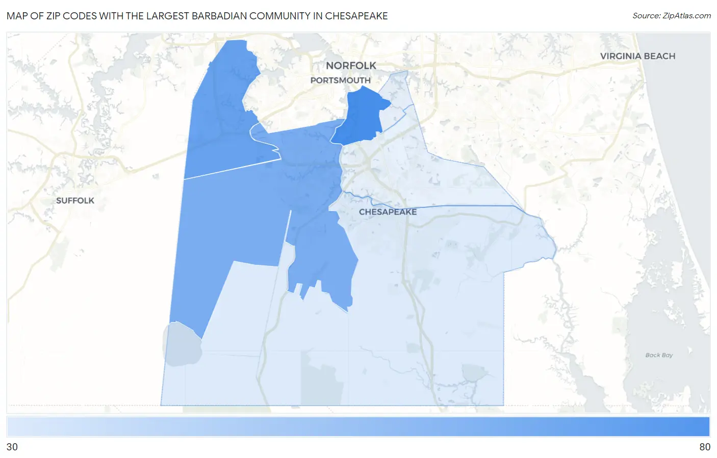 Zip Codes with the Largest Barbadian Community in Chesapeake Map