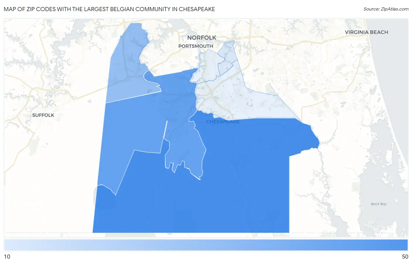 Zip Codes with the Largest Belgian Community in Chesapeake Map
