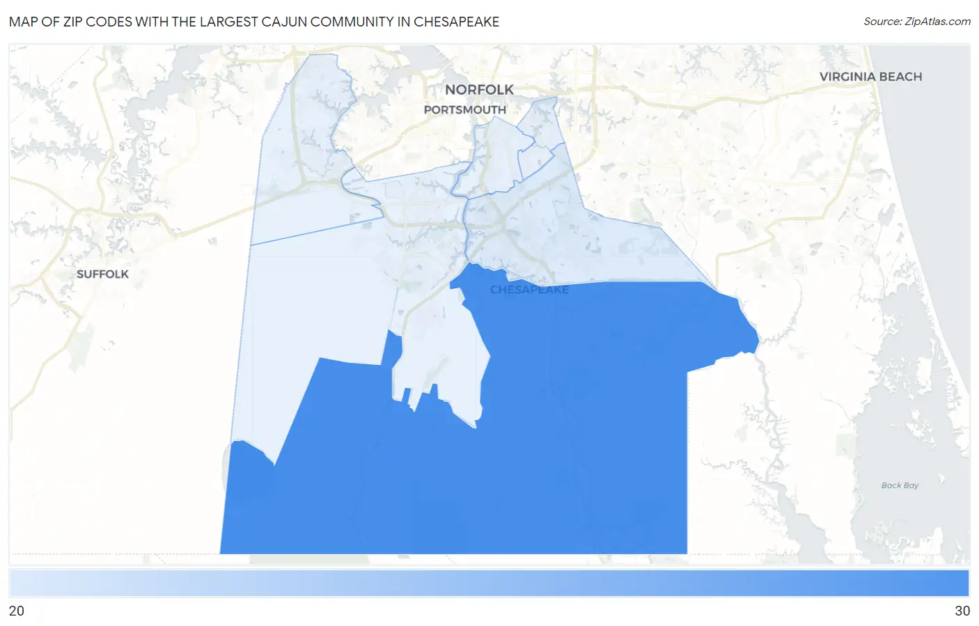 Zip Codes with the Largest Cajun Community in Chesapeake Map