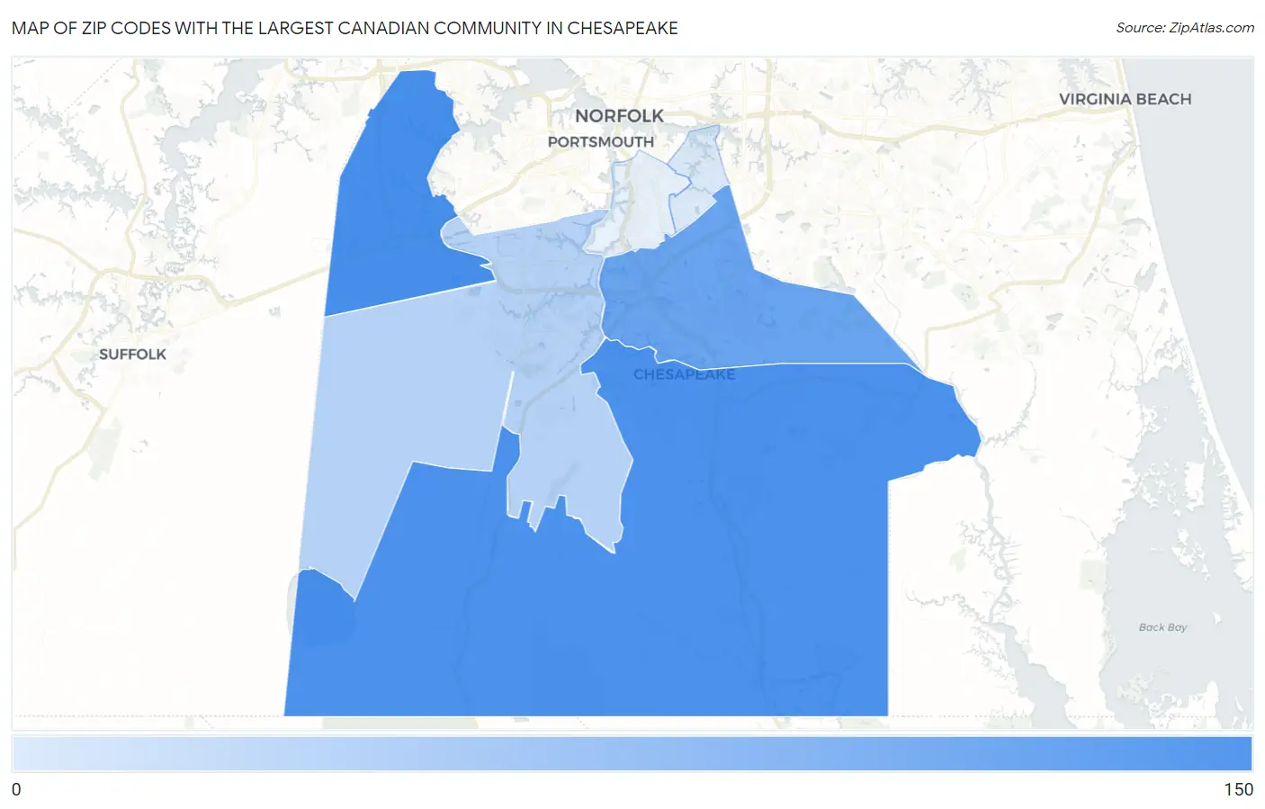Zip Codes with the Largest Canadian Community in Chesapeake Map
