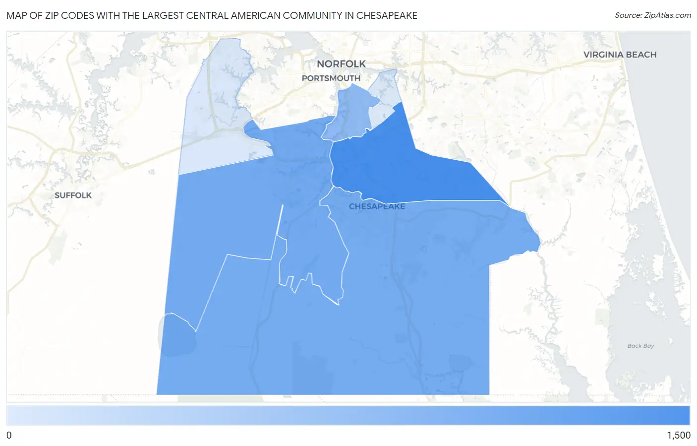 Zip Codes with the Largest Central American Community in Chesapeake Map