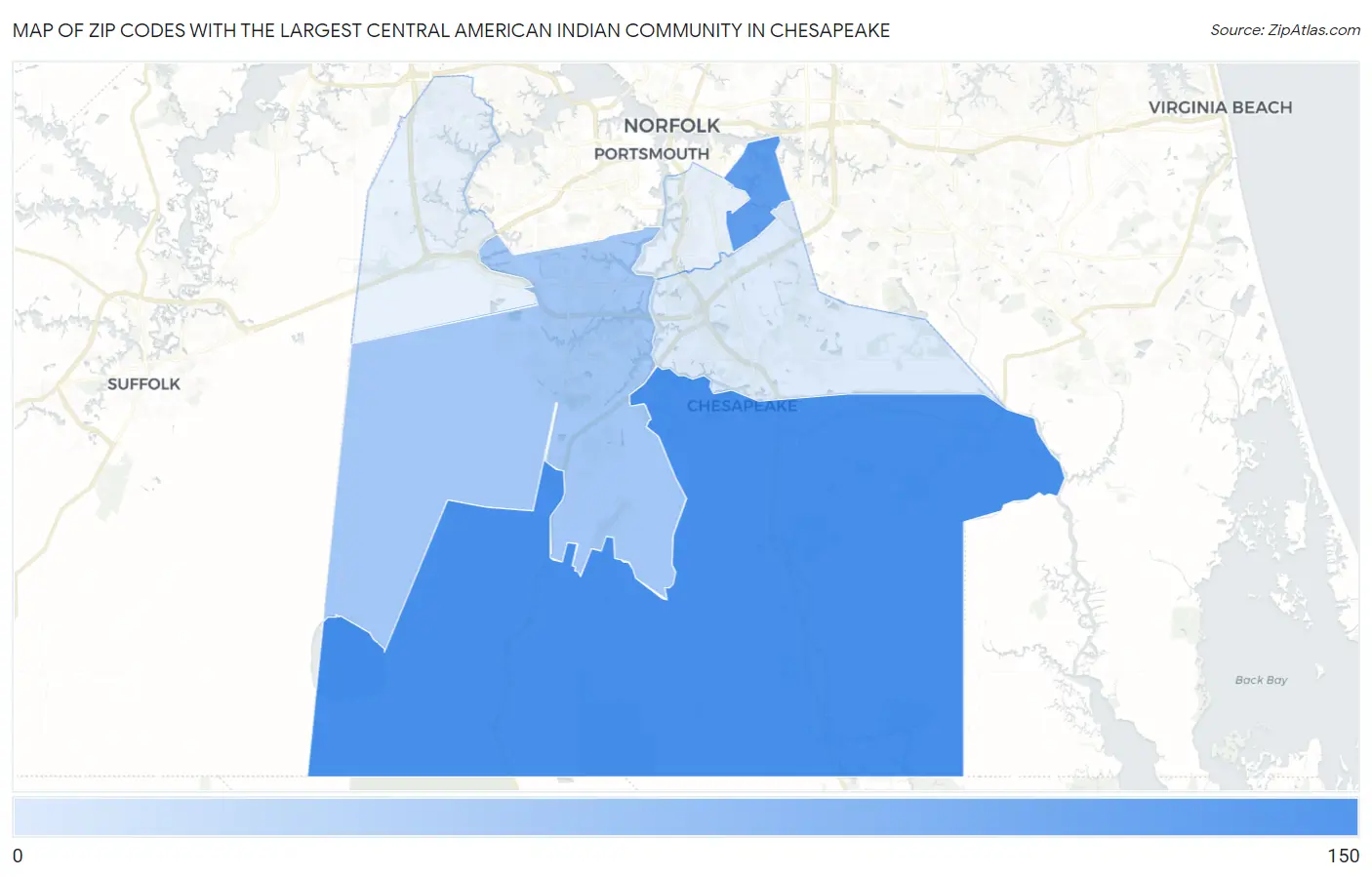 Zip Codes with the Largest Central American Indian Community in Chesapeake Map