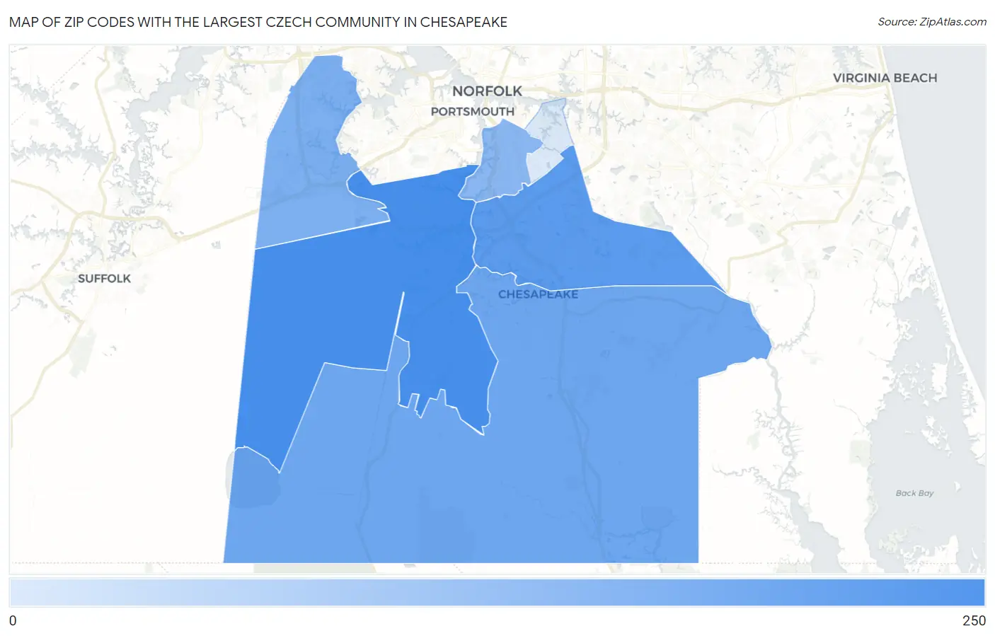 Zip Codes with the Largest Czech Community in Chesapeake Map