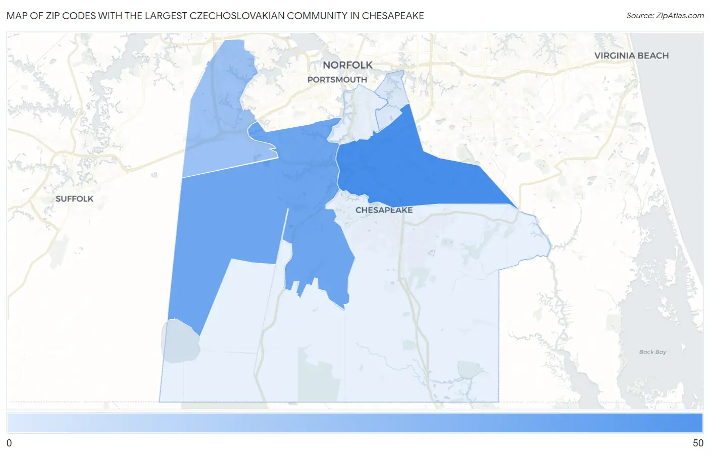 Zip Codes with the Largest Czechoslovakian Community in Chesapeake Map
