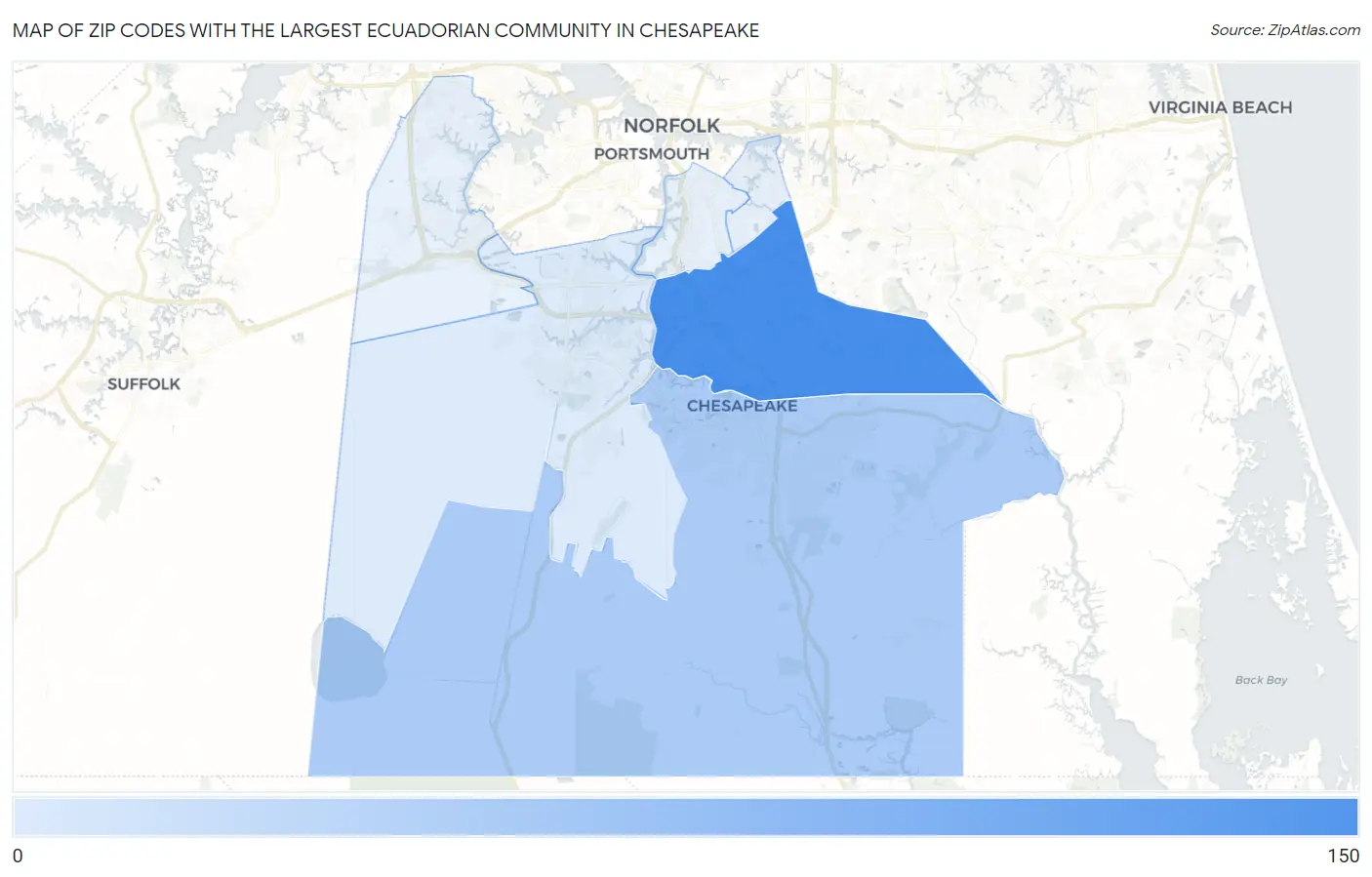 Zip Codes with the Largest Ecuadorian Community in Chesapeake Map