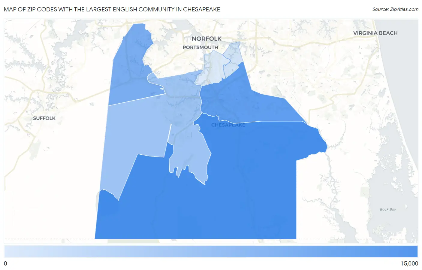 Zip Codes with the Largest English Community in Chesapeake Map