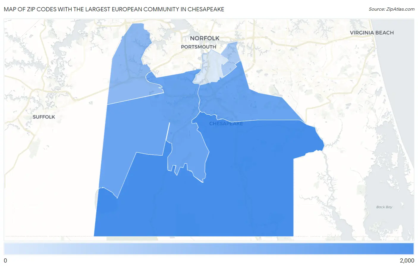 Zip Codes with the Largest European Community in Chesapeake Map