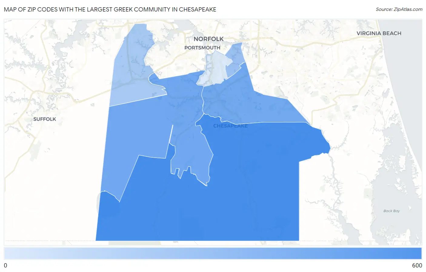 Zip Codes with the Largest Greek Community in Chesapeake Map