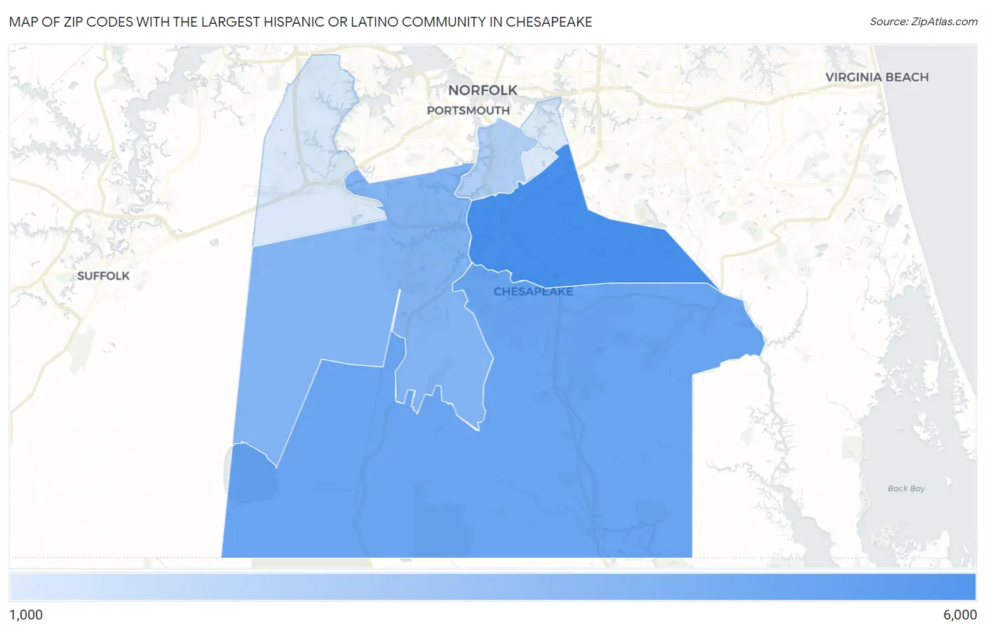 Zip Codes with the Largest Hispanic or Latino Community in Chesapeake Map