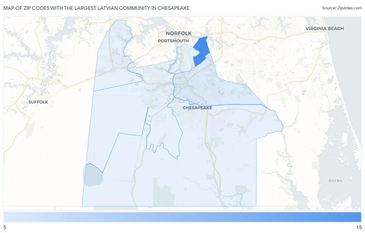 Zip Codes with the Largest Latvian Community in Chesapeake Map