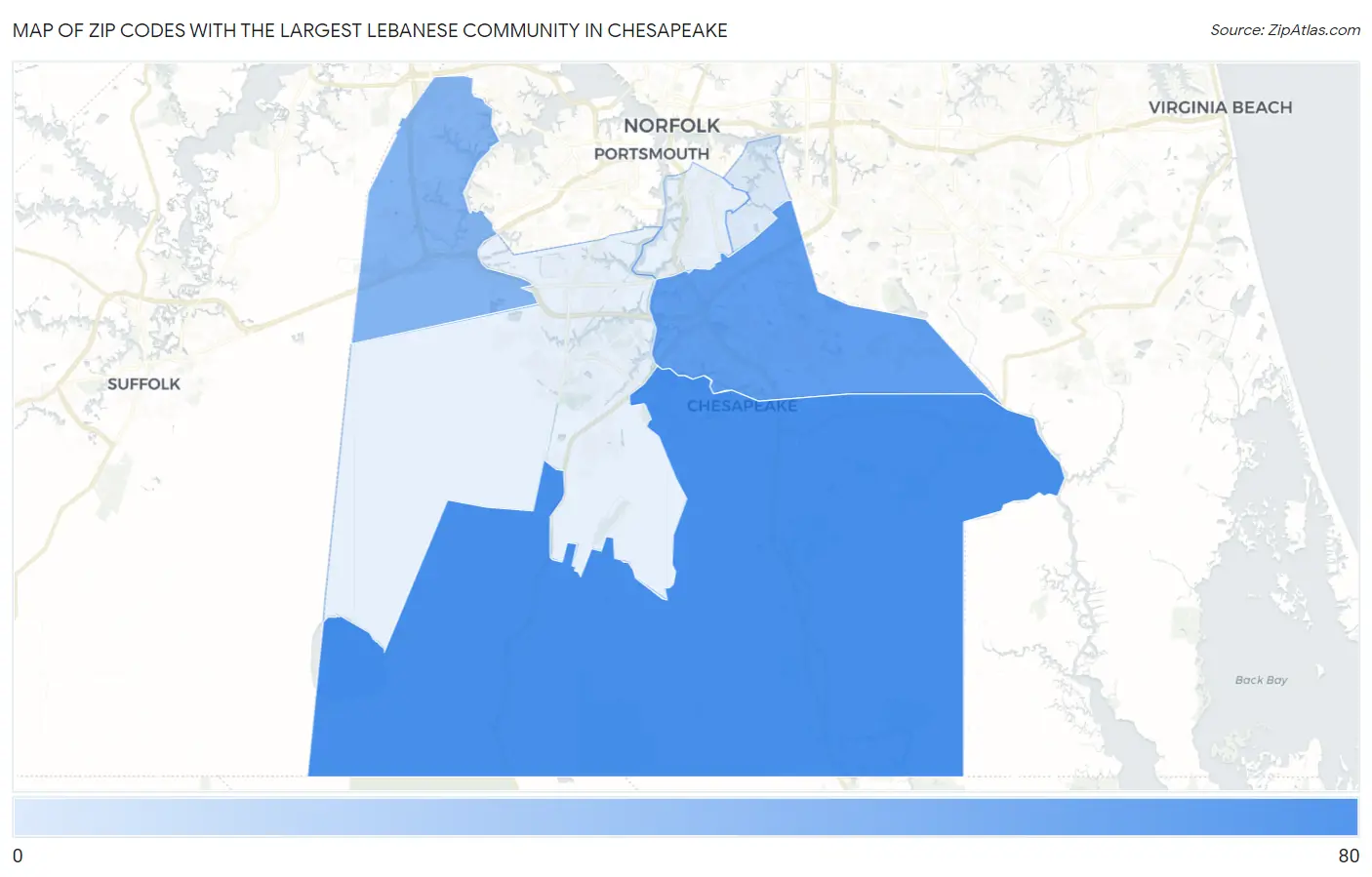 Zip Codes with the Largest Lebanese Community in Chesapeake Map