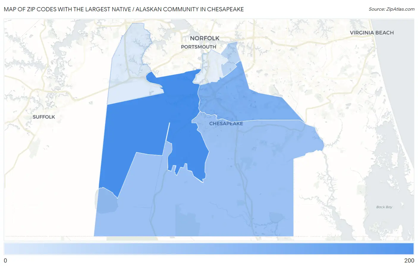Zip Codes with the Largest Native / Alaskan Community in Chesapeake Map