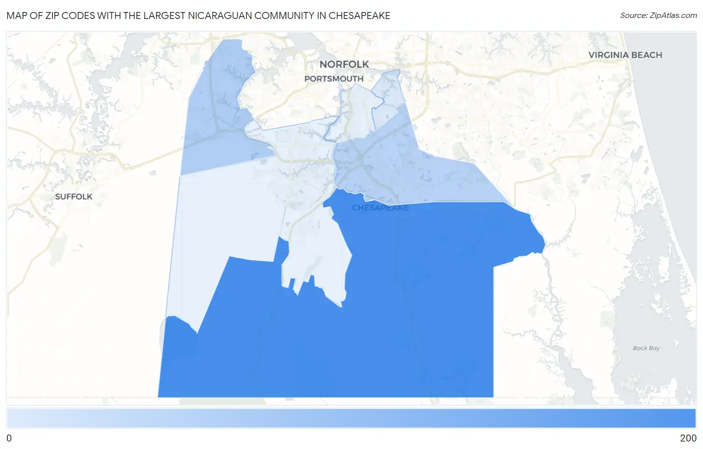 Zip Codes with the Largest Nicaraguan Community in Chesapeake Map