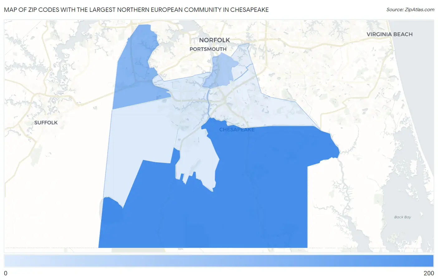 Zip Codes with the Largest Northern European Community in Chesapeake Map