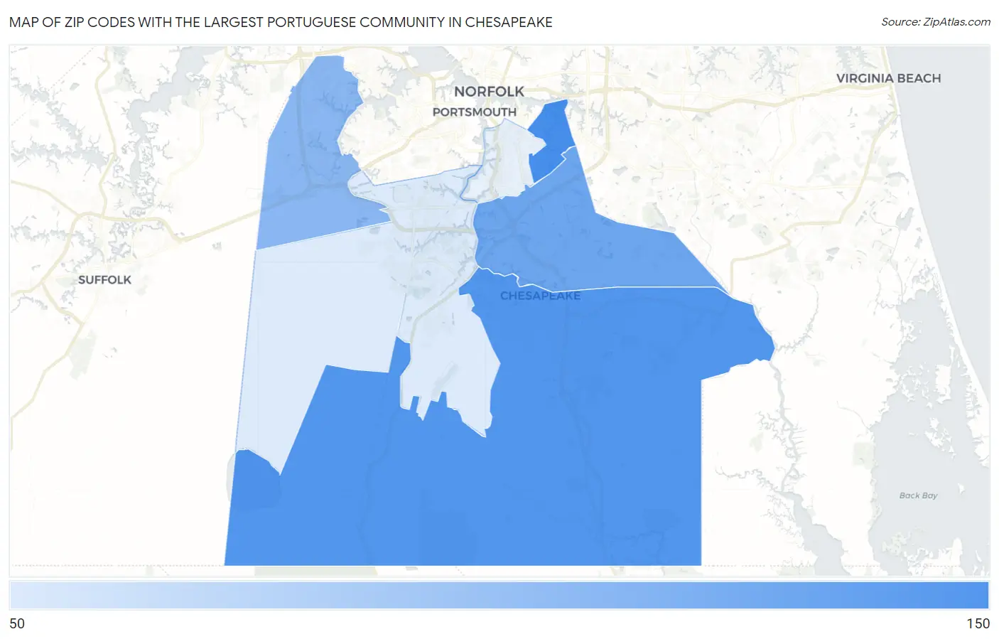 Zip Codes with the Largest Portuguese Community in Chesapeake Map