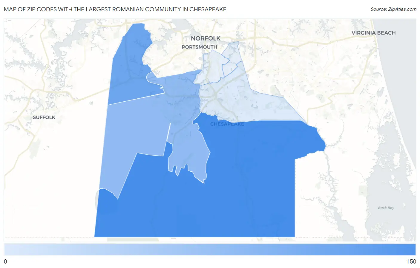 Zip Codes with the Largest Romanian Community in Chesapeake Map