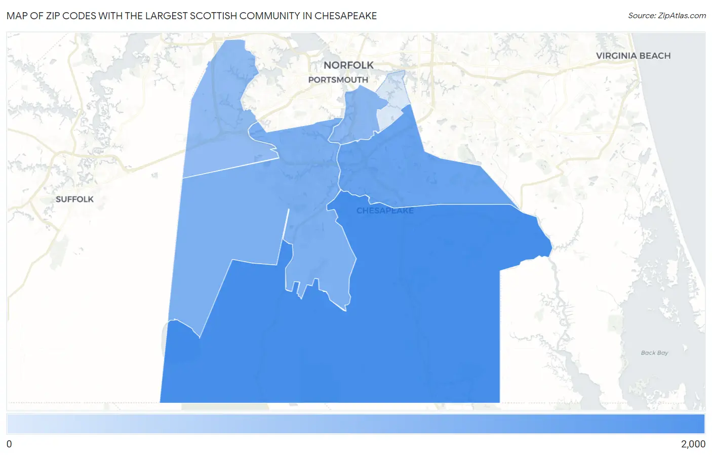 Zip Codes with the Largest Scottish Community in Chesapeake Map