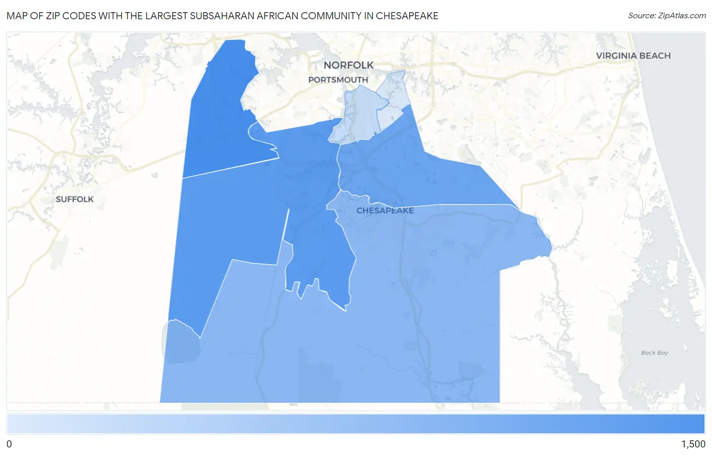 Zip Codes with the Largest Subsaharan African Community in Chesapeake Map